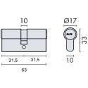 Cylindre européen EXS 4000 2 entrées 31.5x31.5 nickelé mat 3 clés